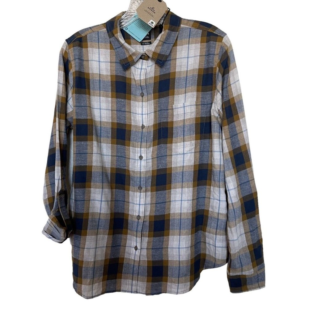 PRANA ALFIE FLANNEL BUTTON FRONT SHIRT Women's Size Small S Brown Blue Latte $89